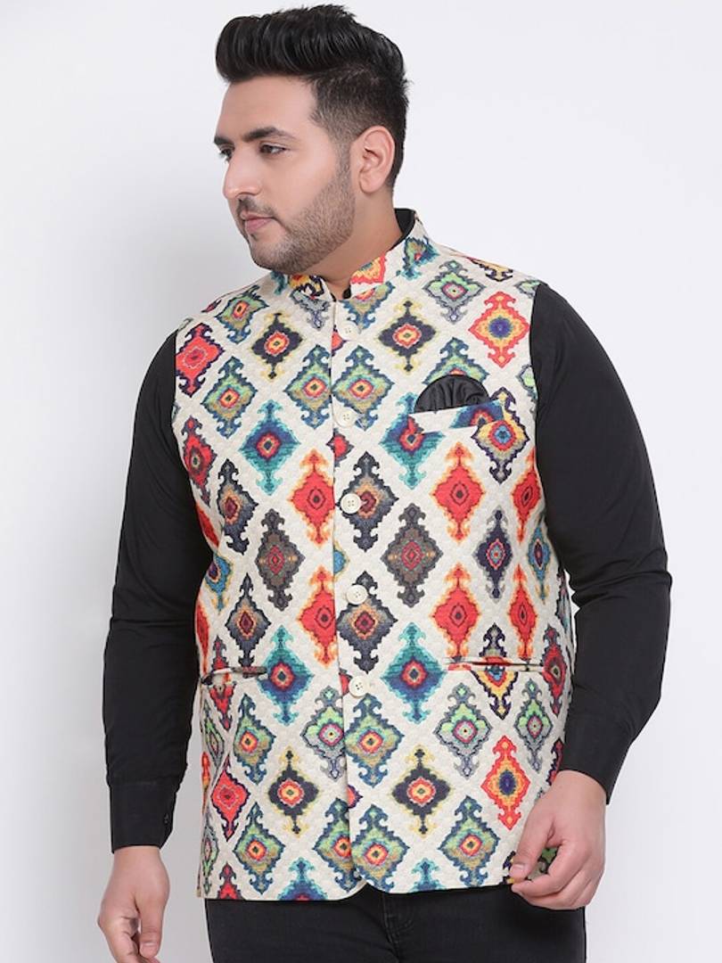 Men's Orange Viscose
 Woven Design Nehru Jackets